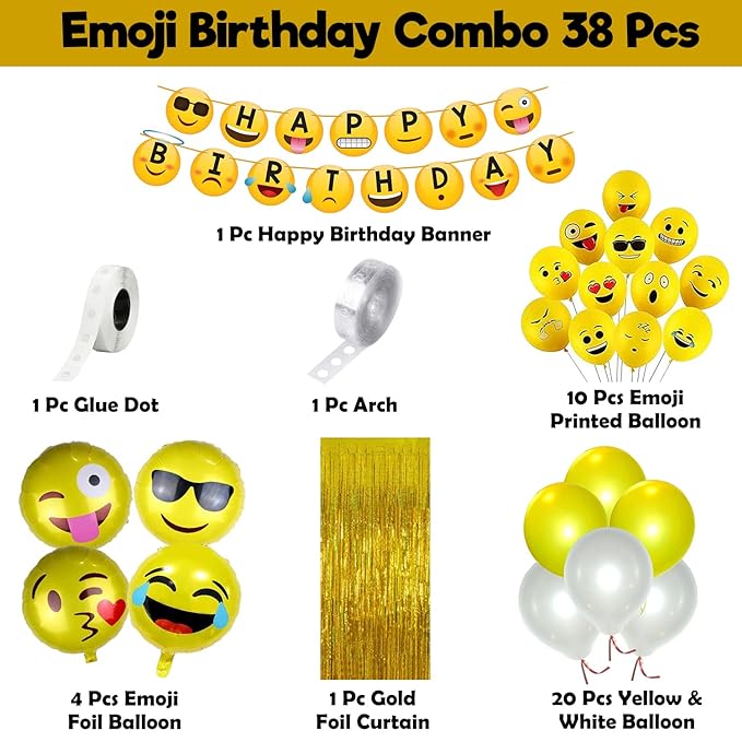 Party Propz Smiley Balloons for Birthday Decoration- Pack of 38 Pcs, Smiley Birthday Theme For Kids | Emoji Theme Birthday Decoration Kit | Happy Birthday Banner(cardstock) | Birthday Decoration Items