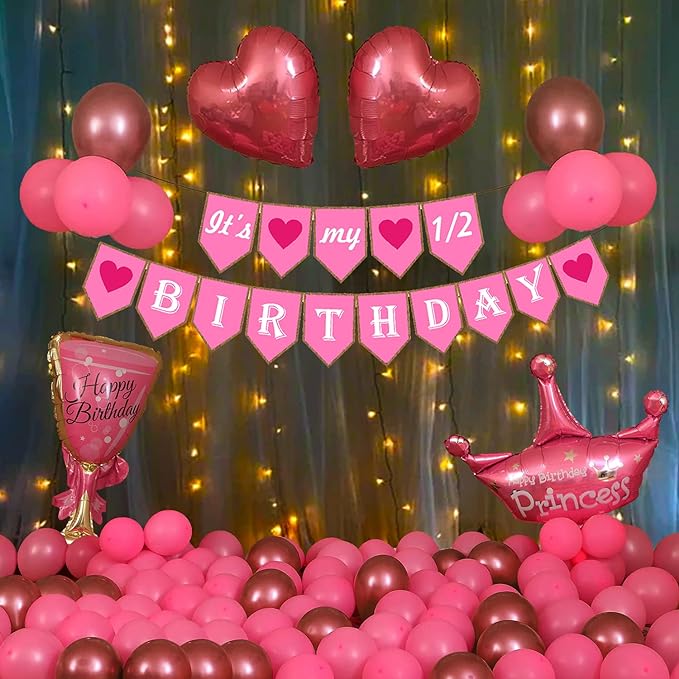 Party Propz Half Birthday Decorations For Baby Girl Combo - 51Pcs Items Set For 6 Months Birthday Decorations For Girl - 1/2 Birthday Decorations For Girls, Half Bday Banner (cardstock), Balloons,Foil