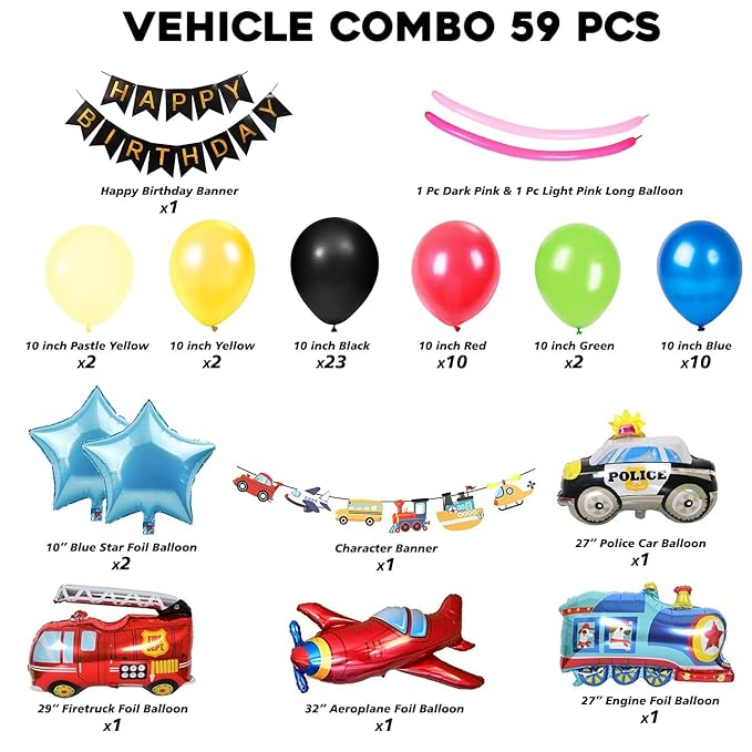 Party Propz Birthday Decoration Boys Multicolor Happy Birthday Paper Bunting Transport Vehicles Foil Balloons Plane Train Police Fire Truck Character Bunting Balloons for Kids Boys Birthday -Set of 59