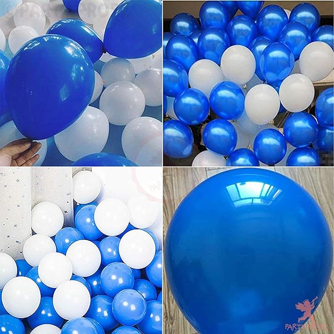 Party Propz Rubber Latex Balloons Pack for Boys Kids men Birthday, Space, Prince, First, 2nd Years Decorations Balloons Supplies Combo Kit ( Blue, White, Metallic) - 110 Pieces