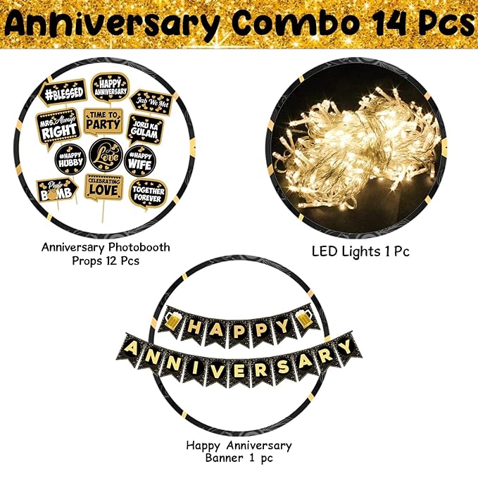 Party Propz Happy Anniversary Decoration Items - 14Pcs Kit Combo For Home Or Bedroom - Happy Anniversary Paper Banner, Photobooth Props, LED Fairy Light - Marriage Decorations Set - Husband Or Wife