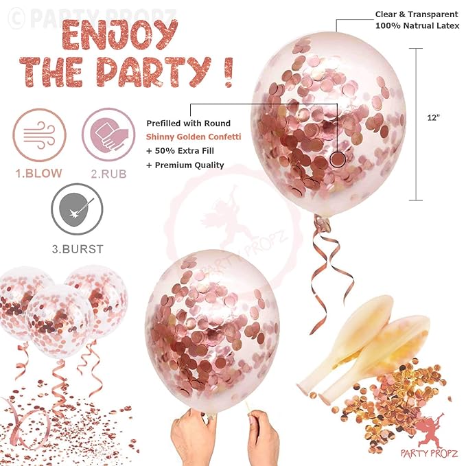 Party Propz Rose Gold Latex & Confetti balloons Pack -18Pcs Set for birthday decoration items/balloons for birthday