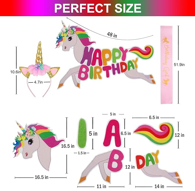 Party Propz Unicorn Birthday Girl Set - 3 Pcs Unicorn Hair Band For Girls | Unicorn Happy Birthday Banner(Cardstock) | Satin Sash For Baby Girls Birthday Unicorn Theme Decorations | Unicorn Headband