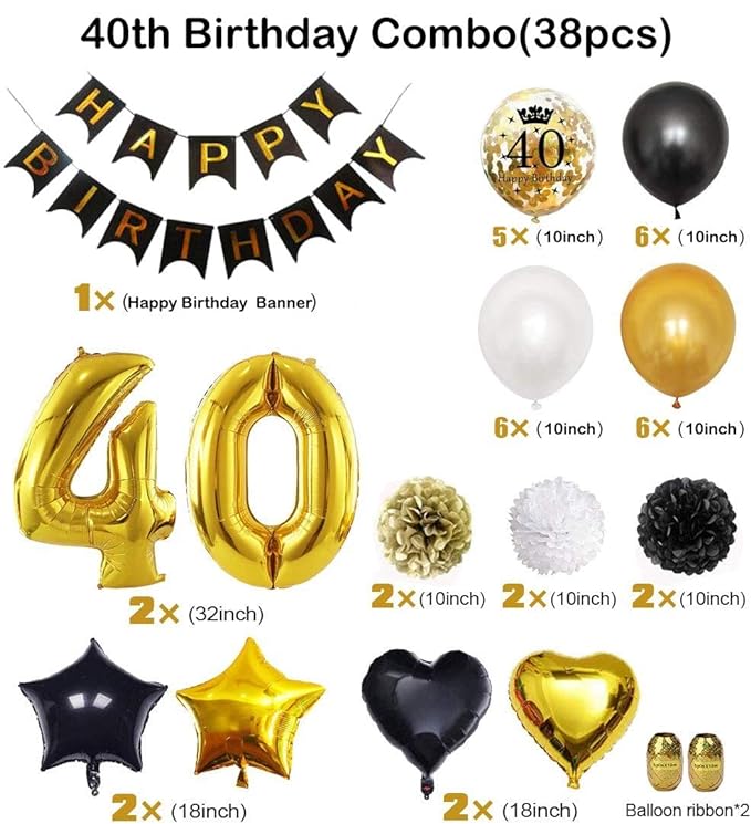 Party Propz 40th Birthday Decorations for Men including HAPPY BIRTHDAY Banner (cardstock)s Confetti Balloons, Latex Black Gold and White Balloon and Foil Balloons 39Pcs