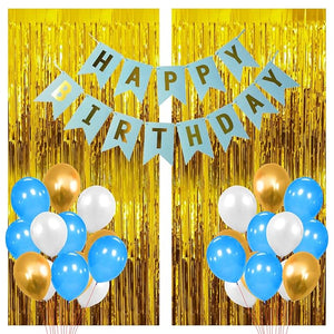 Party Propz Golden Birthday Decoration Items- 64pcs Pack, With Blue And White Balloons, Foil Curtains | Birthday Decoration Kit | Happy Birthday Banner (cardstock) | Birthday Decoration Items For Boys