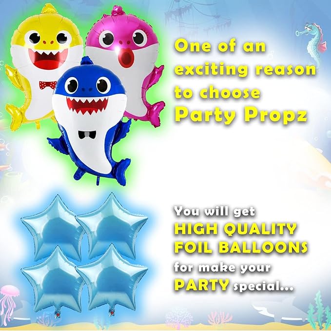 Party Propz Baby Shark Theme Birthday Decorations -72pcs Combo, Blue Happy Birthday Banner(cardstock) | Shark Theme Foil Balloons, Metallic Balloons, Foil Curtains | Baby Shark Birthday Decorations