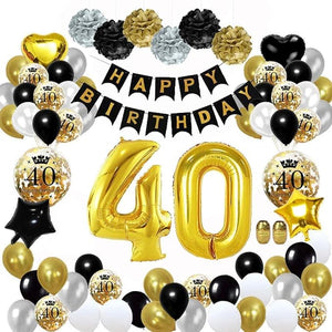 Party Propz 40th Birthday Decorations for Men including HAPPY BIRTHDAY Banner (cardstock)s Confetti Balloons, Latex Black Gold and White Balloon and Foil Balloons 39Pcs