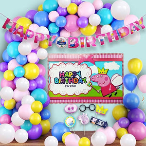 Party Propz Peppa Theme Birthday Decoration Items - 58Pcs Peppa Birthday Decoration Theme | Cartoon Theme Multicolor Balloons | Balloon Arch Strip | Happy Birthday Foil Balloon | Happy Birthday Banner (Cardstocks)