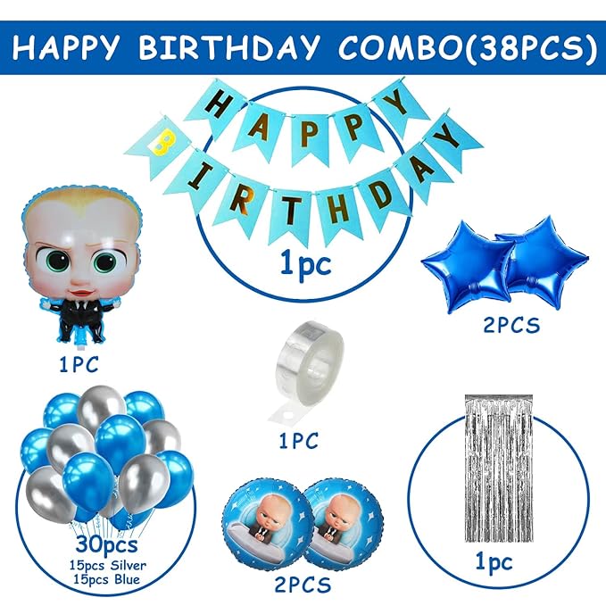 Party Propz Boss Baby Theme Decorations -Set of 38Pcs, Birthday Decoration Items | Boss Baby Birthday Decorations | Blue White Metallic Balloons | Boss Baby Theme Decorations 1st Birthday | Boss Baby