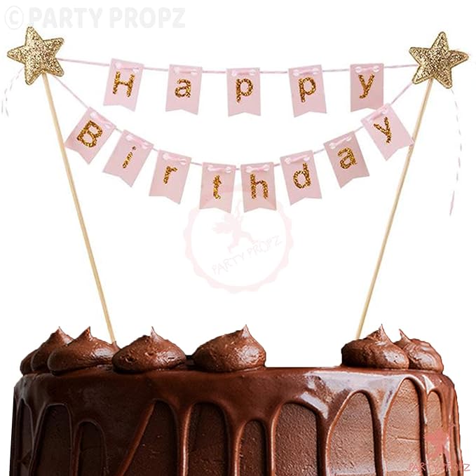 Party Propz Pink Happy Birthday Cake Topper - 1 Pc with Golden Glitter Alphabets | Cake Decoration Items | Happy Birthday Decoration | Cake Toppers Item for Wife, Girls, Kids | Happy Birthday Topper