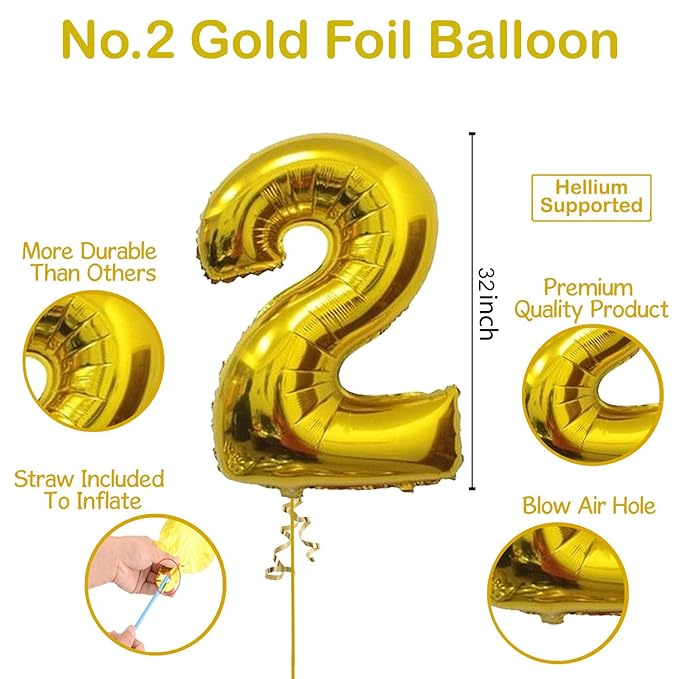 Party Propz Number 2 Foil Balloon - 32 Inch gold Foil Balloon for Birthday Decoration items | Anniversary Decoration items | Balloon Decoration | Number Balloons for Party