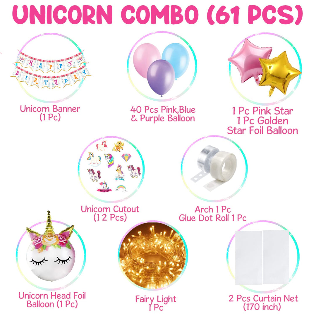 Party Propz Unicorn Theme Birthday Decorations Kit, Combo Of 61Pcs, For Happy Birthday Decoration, Unicorn Decoration Kit For Birthday Girls