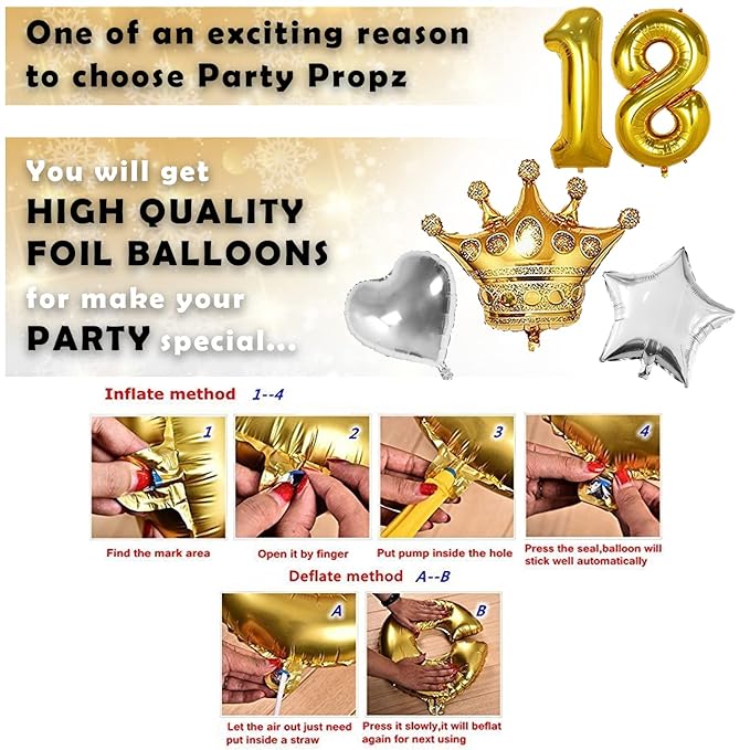 Party Propz Golden 18th Birthday Decoration Kit - 50Pcs Combo Kit Golden Foil Balloons with Happy Bday Foil Banner (cardstock), Silver Star & Heart Foil Balloons for Boys, Girls, Husband, Wife