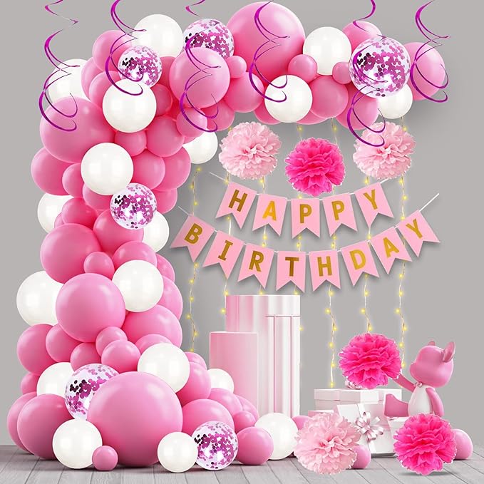 Party Propz Happy Birthday Decorations For Girls Combo Set - Pink Birthday Combo With Happy Birthday Paper Banner, Pink Pom Pom, LED Fairy Light, Swirls & Confetti Balloons For Girls, Women - 65Pcs