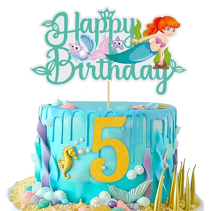 Party Propz Mermaid Cake Topper 5th Birthday - Mermaid Birthday Cake Topper | 5th Happy Birthday Cake Decoration | Cake Toppers | Cake Toppers Birthday for Girls | Cake Toppers for Cake Decoration