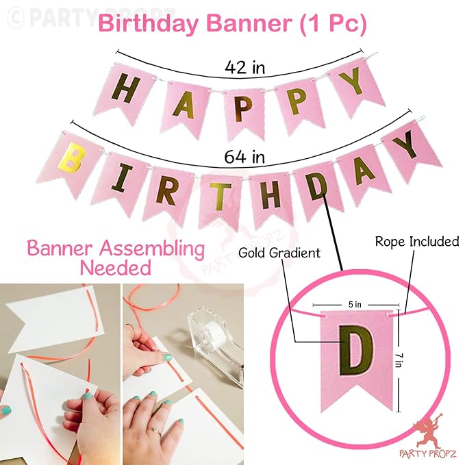 Party Propz 9Pcs Pink Confetti Balloons & Happy Birthday Banner Combo - For Girls Birthday Decoration Items Set -Girl Theme Balloons Decorations -Elegant Supplies ,Paper;Rubber