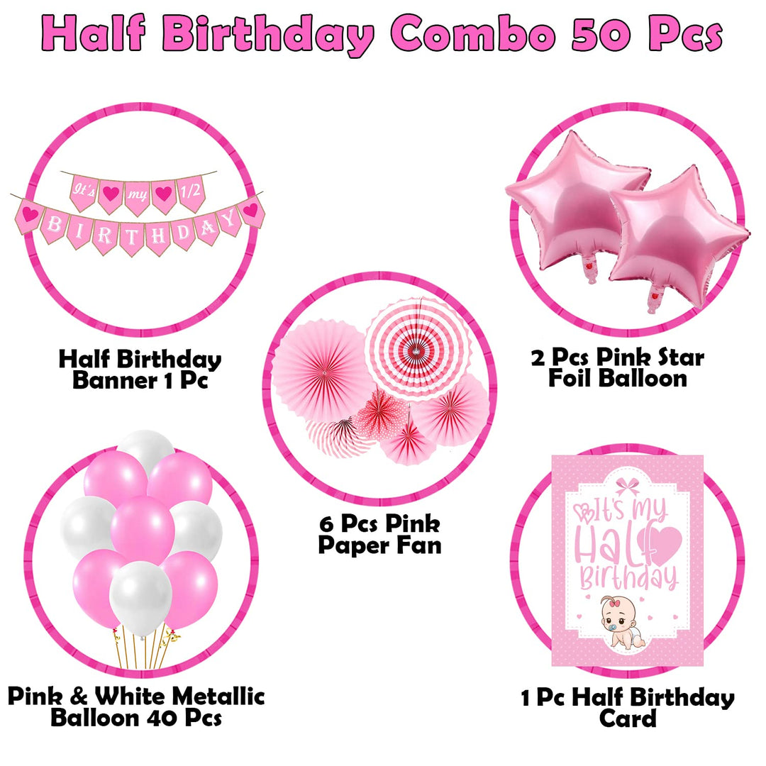 Party Propz Its My Half Birthday Decorations - Large 49 Pcs Combo | 1/2 Birthday Decorations for Girls | Pink Star Foil & Half Birthday Card for Baby Girls | Half Birthday Decoration for Baby Boy