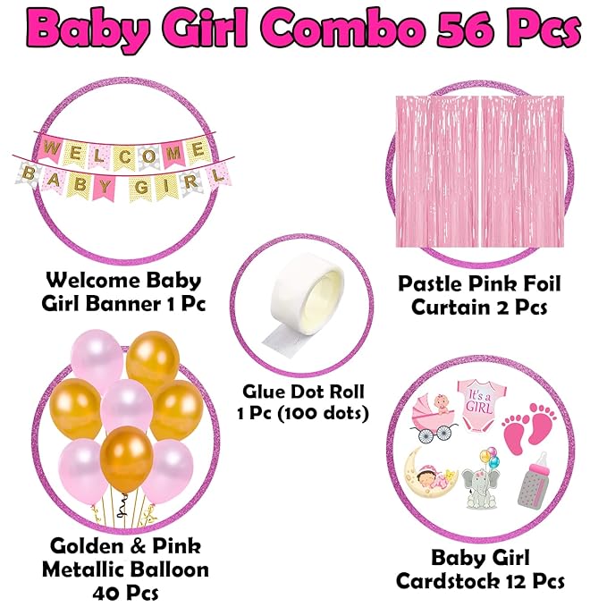 Party Propz Baby Girl Welcome Home Decoration -Set of 56 Pcs Welcome Home Baby Decoration Kit Balloon | Welcome Birthday Supplies | Welcome Baby Girl Decoration | Baby Girl Banner(cardstock)