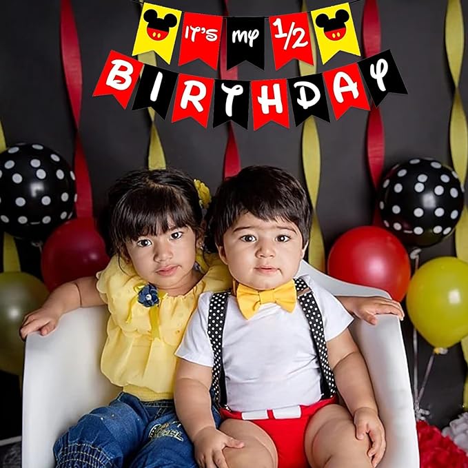 Party Propz Half Birthday Banner- Mickey Birthday Decoration Items | Its My Half Birthday Decorations | Red and Black Birthday Decoration | Happy 6 Months Birthday decorations | Happy Birthday Banner (Cardstocks)