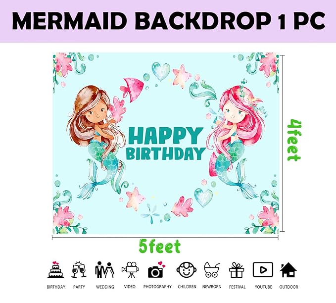 Party Propz Mermaid Birthday Banner Backdrop - Mermaid Theme Birthday Decorations/Mermaid Decoration for Birthday/Birthday Decoration Items for Girl/Happy Birthday Decoration