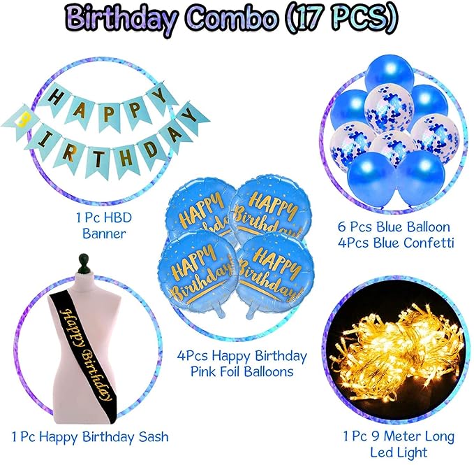 Party Propz Blue Happy Birthday Decoration Kit Combo With Fairy Led Lights 17pcs Set Banner (cardstock), Balloon, Metallic, Foil, Sash For Boys, Girls, Kids, Wife, Girl Friend, Woman, Party Supplies