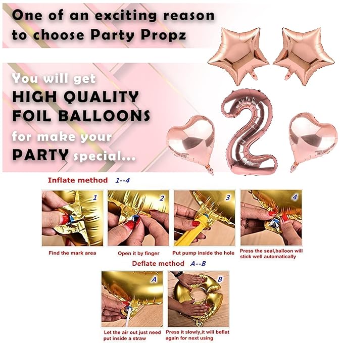 Party Propz 2nd Birthday Decoration Items For Girls -15Pcs Rose gold No. 2 Foil Balloon,Star & Heart Foil Balloons,Confetti Ballon- Bithday. Decorations For Girl/ 2nd Birthday Decorations