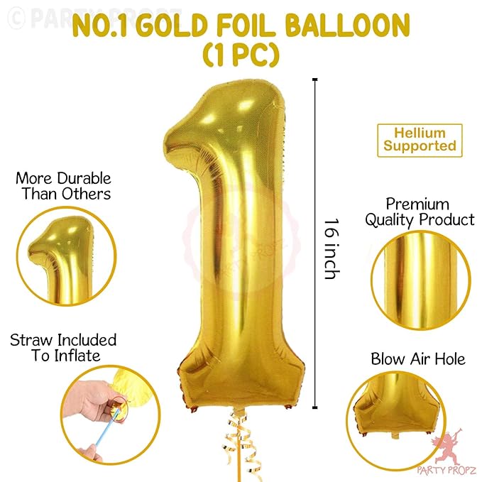 Party Propz 1 Number Foil Balloon - 16 Inch, Number 1 for Birthday Decoration/Golden Number 1 Foil Balloon for Kids First Birthday Decoration Items, Anniversary Decoration