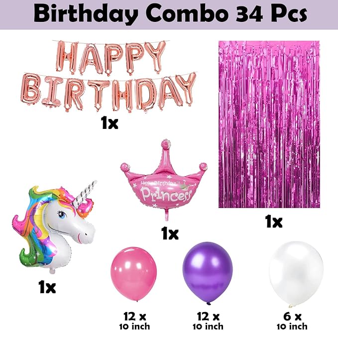Party Propz Unicorn Birthday Decorations For Girls - 34 Pcs Combo, Unicorn Theme Birthday Decorations Kit | Unicorn Birthday Decoration Items For Girl With Foil, Metallic Balloons, Fringe Foil Curtain