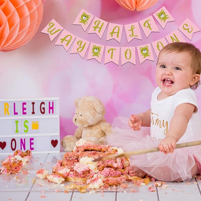 Party Propz Half Way To One Banner - Half Birthday Banner (Cardstock) | Half Birthday Decorations for Baby Girl | 1/2 Birthday Decorations for Girls | 6 Month Birthday Decorations | Half Year Birthday