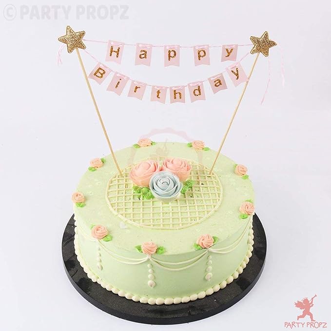 Party Propz Pink Happy Birthday Cake Topper - 1 Pc with Golden Glitter Alphabets | Cake Decoration Items | Happy Birthday Decoration | Cake Toppers Item for Wife, Girls, Kids | Happy Birthday Topper