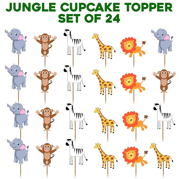 Party Propz Animal Cake Topper - 24Pcs Jungle Theme Cake Topper For Kids Baby - Cup Cake Topper Decoration, Cupcake Toppers Forest Pick, Jungle Theme Birthday Decoration, Animal Theme
