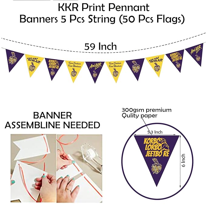 Party Propz KKR Ipl Theme Decoration- 50 Pcs Kolkata Knight Riders Theme Pennant Banner for Decoration|Bunting Flags for Decoration|Ipl Flags Bunting|Pennant Banner Paper