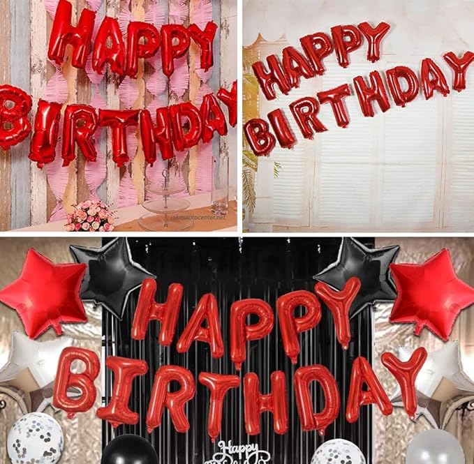 Party Propz Happy Birthday Red Foil Balloon Alphabet With Glue Dot for Decorations/Birthday Decoration Kit Items Combo Set/Ballon for Husband, Kids