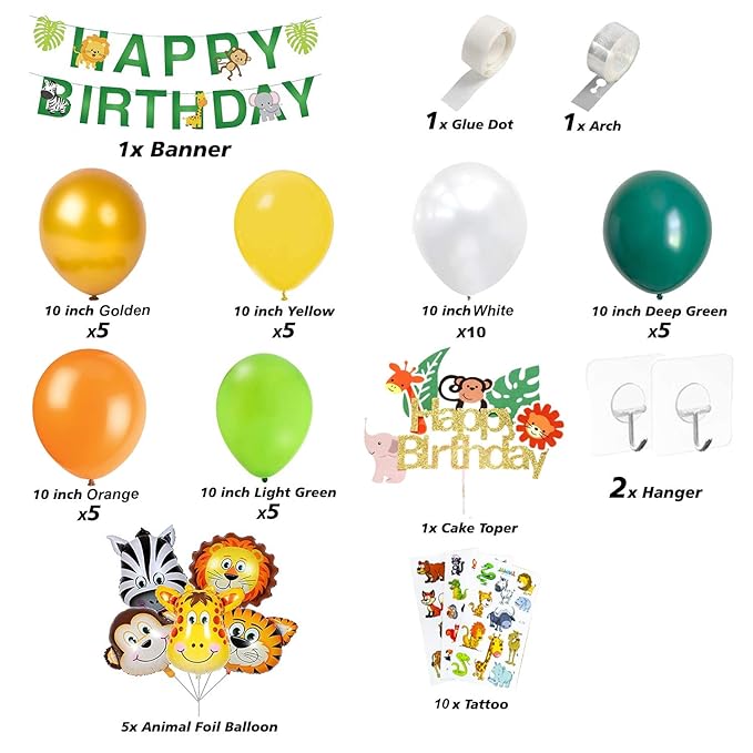 Party Propz Jungle Theme Birthday Decoration-49Pcs,Jungle Safari Theme Birthday Decoration Items For Boy|Jungle Theme Cake Topper,Tattoo,Banner(Cardstock)|Animal Foil,Metallic Balloons For Decoration