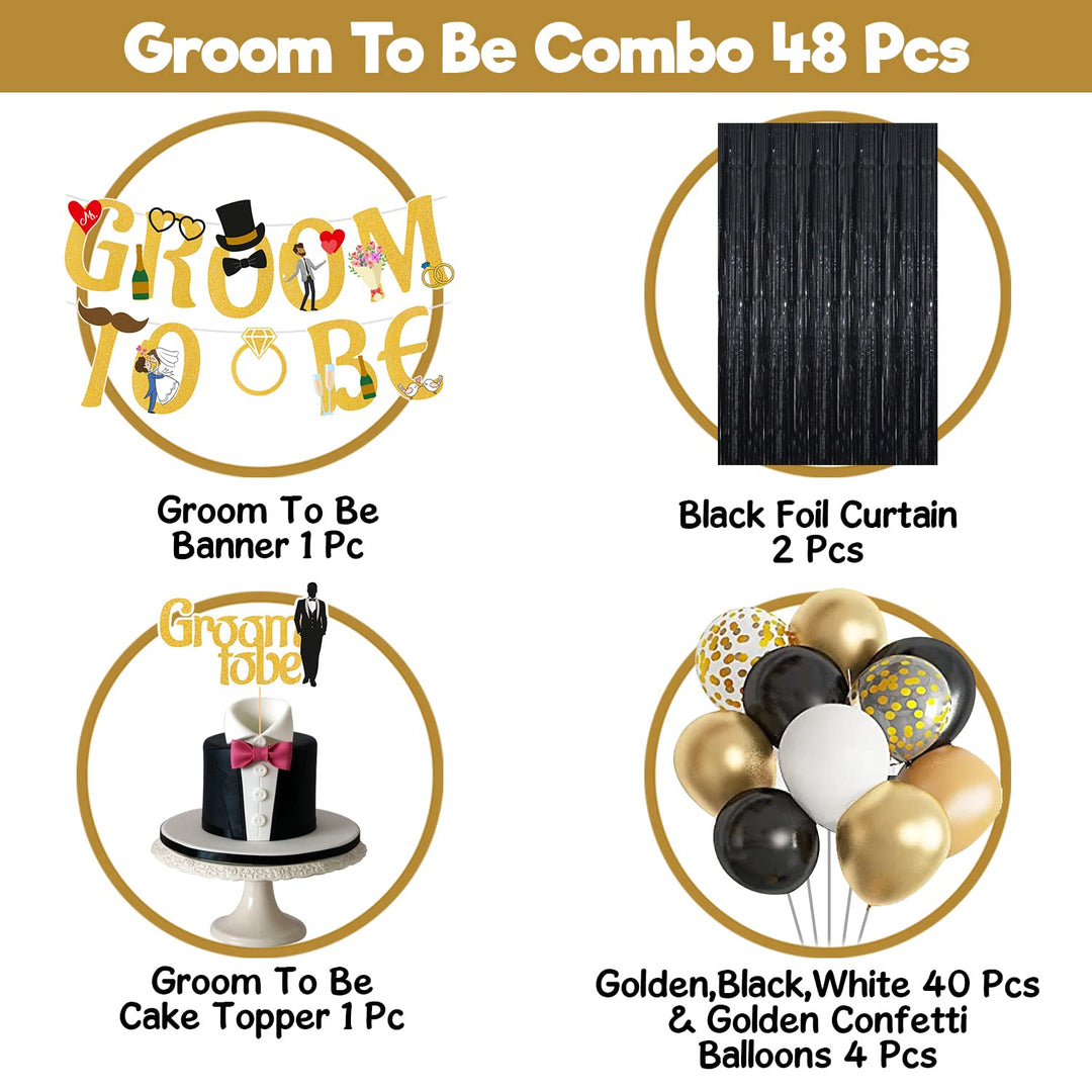 Party Propz Groom to Be Decoration Set - 48Pcs Groom to Be Banner with Cake Topper | Foil Curtains | Black and Gold Metallic Balloons for Bachelorette Party Decorations | Groom to be decoration Items