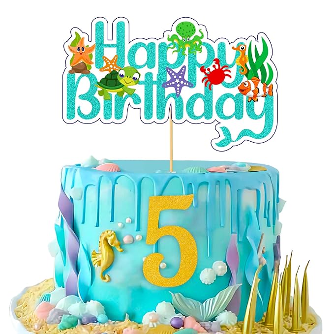 Party Propz Mermaid Cake Topper 5th Birthday -Set 0f 1 Pc Mermaid Birthday Cake Topper | Happy Birthday Cake Decoration | Birthday Cake Toppers | Cake Toppers Birthday for Girls | Cake Toppers for Cake Decoration