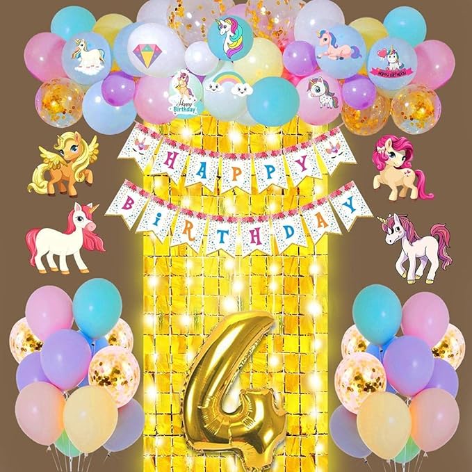 Party Propz Unicorn Theme 4th Birthday Decorations - 63Pcs, 4 Years Birthday Decorations for Baby Girl | 4th Birthday Decorations | Birthday Decorations kit for Girls | Baby Birthday Decoration Items