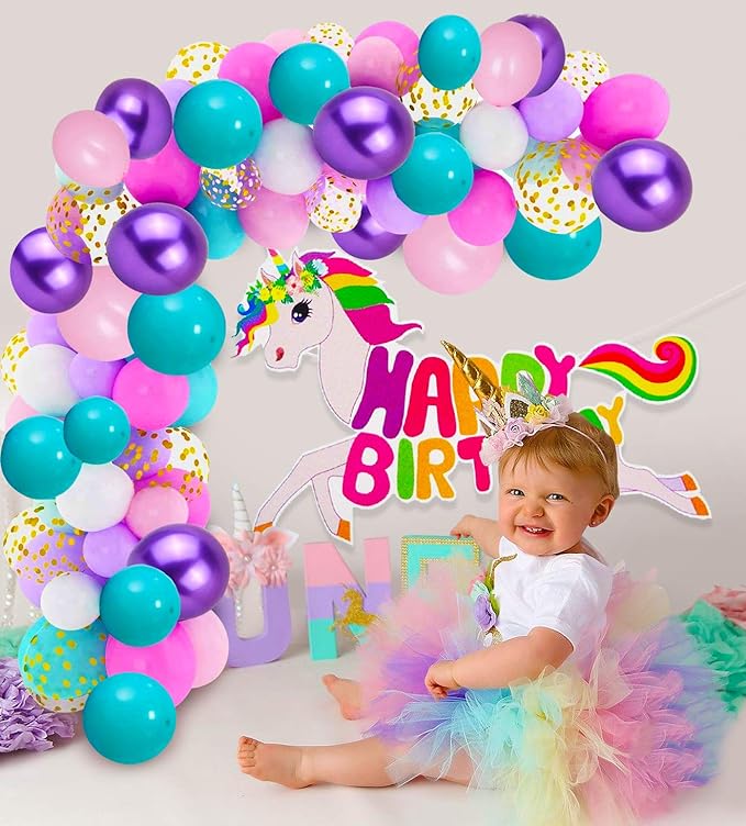 Party Propz Unicorn Theme Birthday Decoration Items- 56Pcs|Happy Birthday Decoration Items With Confetti Balloons,Foil Balloons And Unicorn Banner (cardstock)|Birthday Decoration Kit For Girls