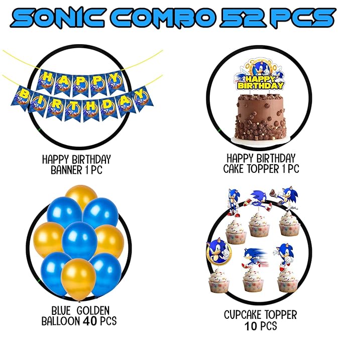 Party Propz Sonic Birthday Decorations For Boys - 52Pcs Kids Birthday Decorations For Boys