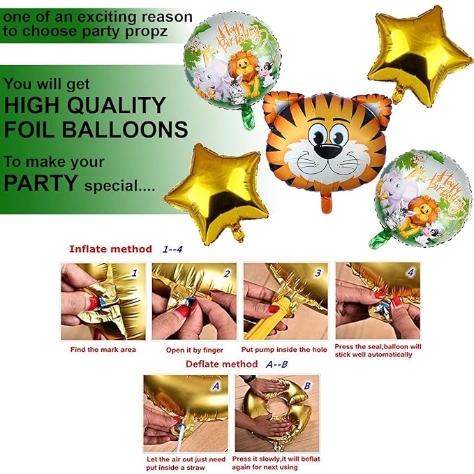 Party Propz Happy Birthday Foil Balloon - Set of 5 Animal Foil Balloons | Tiger Foil Balloon | Balloon Decoration for Birthday | Happy Birthday Decoration Kit | Jungle Theme Balloons for Decoration