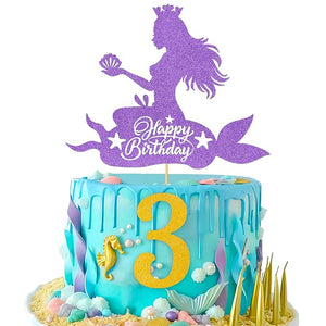 Party Propz 3rd Birthday Mermaid Cake Topper - 1 Set Mermaid Theme Birthday Decorations | Happy Birthday Cake Toppers | 3rd Birthday Decorations for Girls | Cake Toppers For Cake Decoration | Mermaid Cake Topper