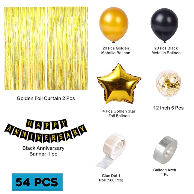 Party Propz Happy Anniversary Decoration Items - Pack of 54 Golden Wedding Anniversary Decoration Items | Golden Anniversary Decoration Items | Anniversary Decoration for Couple, Boyfriend, Husband