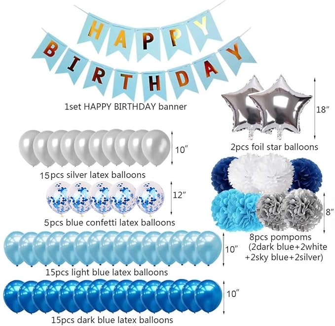 Party Propz Happy Birthday Decoration Kit- 61pcs, Pom Pom Balls Paper Decoration | Star Foil Balloons | Blue Decoration For Birthday | Birthday Decoration Items | Happy Birthday Banner (cardstock)