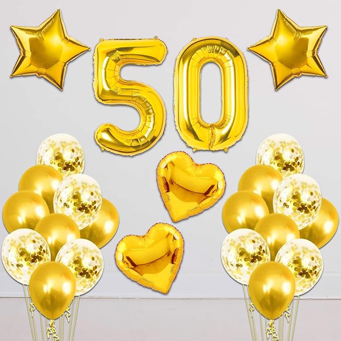 Party Propz 50th Birthday Party Decorations - Pack Of 16 Pcs, 50 Years Golden Jubilee Balloons With Foil & Confetti Balloons | 50th Birthday Decoration | 50th Birthday Party Decorations For Men