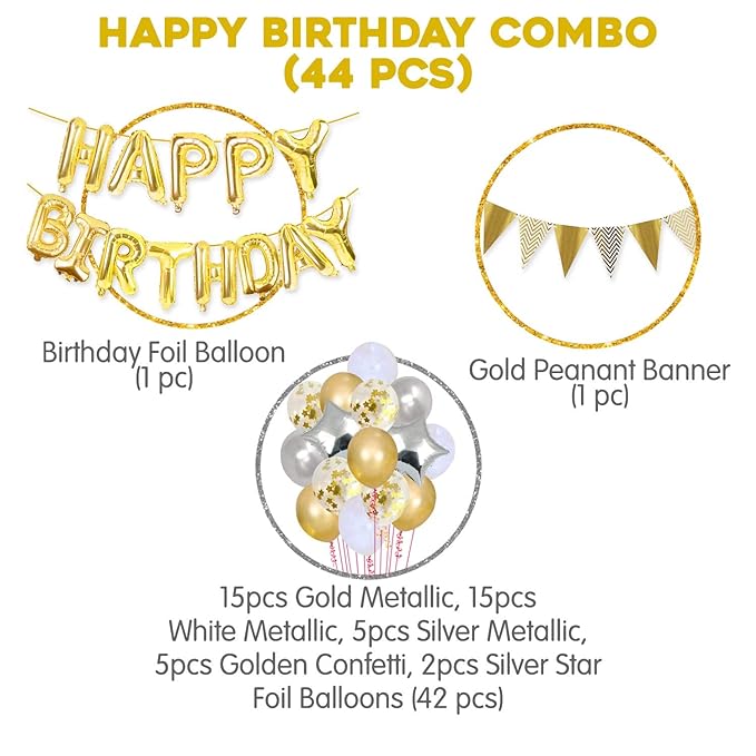 Party Propz Happy Birthday Decoration For Husband Kit Combo Set - 44pcs Birthday Foil balloon Golden Pennant Metallic Confetti Balloons With Star Foil Balloon - Happy Birthday Decorations Items