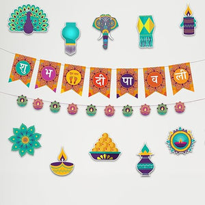 Party Propz Shubh Diwali Decoration Items - Pack Of 14pcs, Shubh Diwali Banner (Cardstock) | Diya Shape Banner | Shubh Diwali Props (Cardstock) | Diwali Cutouts For Home Decor | Ribbon, Glue Dot