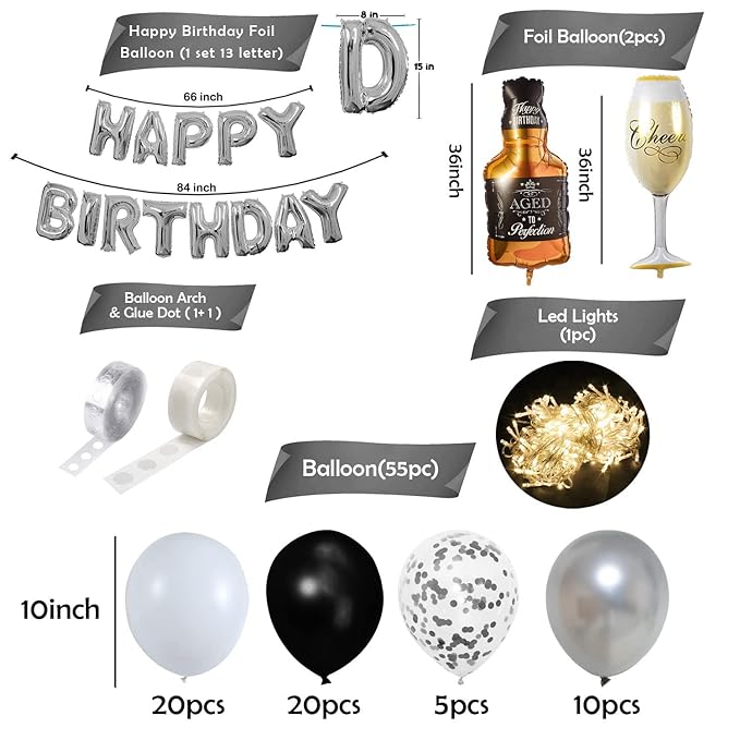 Party Propz Happy Birthday Decoration Items- Pack Of 61 Pcs|Confetti Balloons For Decoration|Birthday Decoration Items For Husband|Foil Banner (cardstock)|Cheers Glass Foil Balloon For Decoration