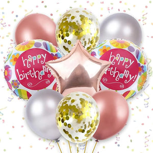 Party Propz Happy Birthday Foil Balloon Set- 9Pcs Birthday Decoration Items | Star Balloons For Decoration | Confetti Balloons For Decoration | Silver Balloons For Decoration | Rose Gold Foil Balloons