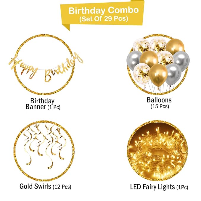 Party Propz Happy Birthday Decoration Kit Combo with Fairy Led Light 29pcs Set Banner, Metallic, Confetti Balloon, Swirls For Boys, Girls, Kids, Wife, Women, 16th, 18th, 21st, 30th Party Supplies