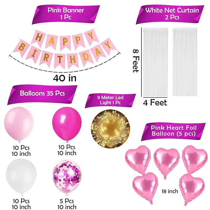 Party Propz Latex,Foil,Cardstock,Nylon Birthday Decoration Items For Girls- Pack Of 44|Happy Birthday Banner|Happy Birthday Balloons For Decorations Items|Pink Pastel Balloons For Birthday